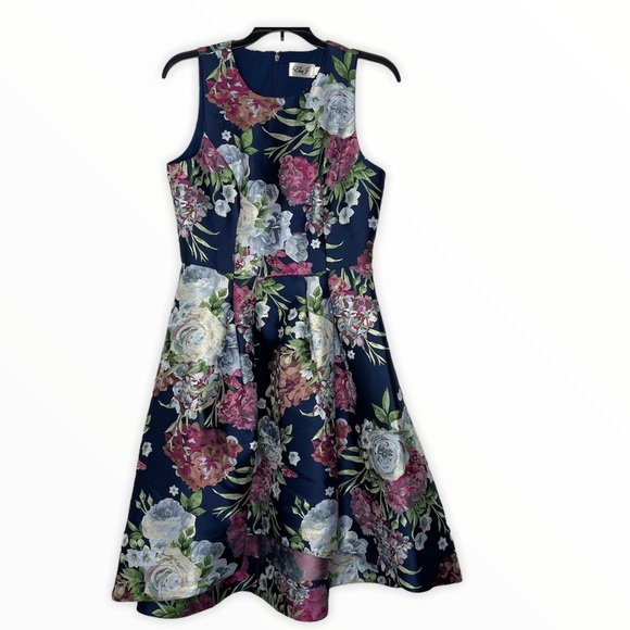 Eliza J Dresses & Skirts - Eliza J Floral Jacquard Fit & Flare Dress in Navy NWT